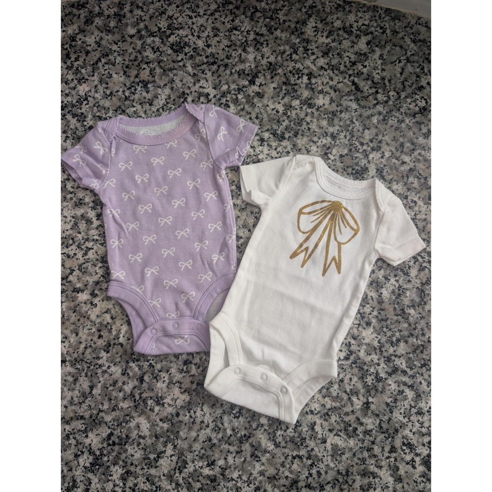 KoalaBaby Newborn 2-Pack 100% Cotton Short Sleeve Bow Bodysuits Purple/White